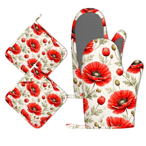 Red Poppy Flowers Oven Mitts and Pot Holders Sets of 4, Heat Resistant Silicone Oven Mitts Gloves Non-Slip Kitchen Mittens Potholders for Cooking Baking Grilling BBQ - color: Red Poppy Flowers