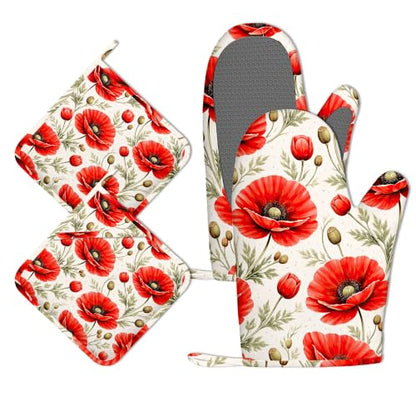 Red Poppy Flowers Oven Mitts and Pot Holders Sets of 4, Heat Resistant Silicone Oven Mitts Gloves Non-Slip Kitchen Mittens Potholders for Cooking Baking Grilling BBQ - color: Red Poppy Flowers