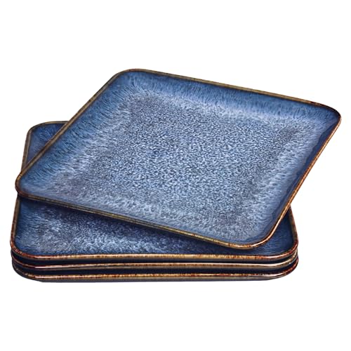 Porcelain Dinner Plates set dessert salad dish Set of 4, Main Dish for Steak, Bread, Pasta, Salad, Microwave Oven and Dishwasher Safe, Scratch Resistant Reusable 7.5 INCH Square - color: Square Blue Reactive Color, size: 7.5 Inch