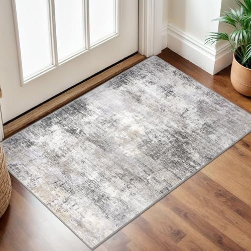 Small Abstract Area Rug 2x3 Ft Entryway Rugs Washable Door Mat Indoor Entrance, Rubber Backed Throw Rugs, Printed Faux Wool Non Slip Floor Carpet for Foyer Front Door Sink, Grey Beige - color: Ash Grey/Beige, size: 2' x 3' (Rectangular)