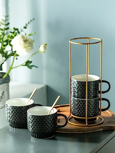 LYEOBOH Stackable Coffee Mugs Set of 4 with Rack & Spoons Coffee Mug Set 13 OZ., Ceramic Embossed Grinding Demitasse Cups Set Cappuccino Cup Halloween for Coffee, Latte, Macchiato, Espresso, Black - color: Black