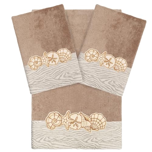 Seaside 3-Piece Towel Set, Embroidered Seashells, 100% Turkish Cotton, Ultra Absorbent & Soft, Coastal Bathroom Decor, 1 Bath 2 Hand Towels, Cocoa - color: Cocoa, size: 1 Pc Bath 2 Pcs Hand Towel