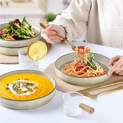 LIANYU Stoneware Pasta Bowls, 8.25’’ Large Bowl Sets of 4 | Round Shallow Dinner Plates for Meal, Ceramic Salad Serving Plate for Cereal, Soup, Dishwasher & Microwave Safe, Sandy Beige - color: Sandy Beige