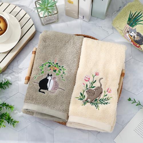 FYSUIMU 3 Pack Cat Hand Towels Green Plant Kitten Embroidered Absorbent Bath Hand Face Towel for Bathroom Hand Drying Kitchen Cleaning Towel Gift Set, 29.5 x 13.7 Inch