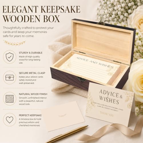 Champagne Gold Advice and Wishes Cards Set with Wooden Keepsake Box & Sign - 60 Elegant Dandelion Floral Guest Book Alternative for Wedding Reception & Bridal Shower - color: CHAMPAGNE