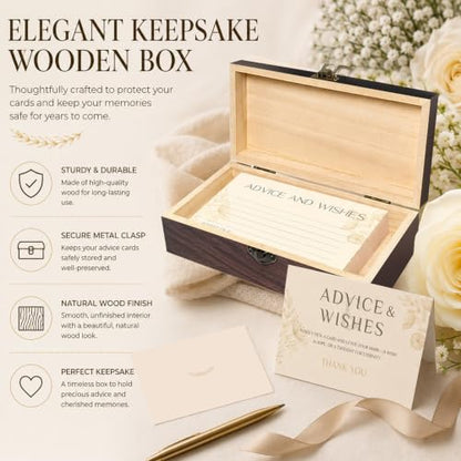 Champagne Gold Advice and Wishes Cards Set with Wooden Keepsake Box & Sign - 60 Elegant Dandelion Floral Guest Book Alternative for Wedding Reception & Bridal Shower - color: CHAMPAGNE