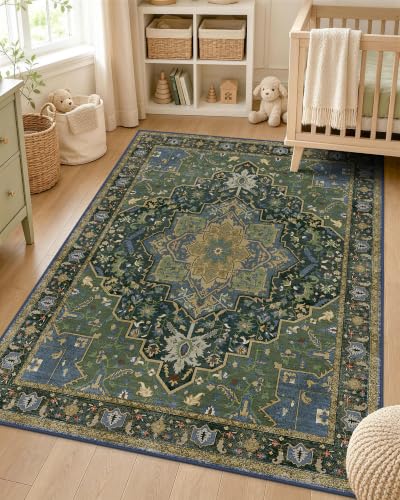OLANLY 3x4 Washable Accent Rug, Soft Non Slip Carpet for Entryway Bedside | Dark Green Boho Vintage Floral Medallion Farmhouse Rug, Spill & Stain Resistant Low Pile, for Kitchen Laundry Office Bedroom - color: Dark Green, size: 3' x 4' (Rectangular)