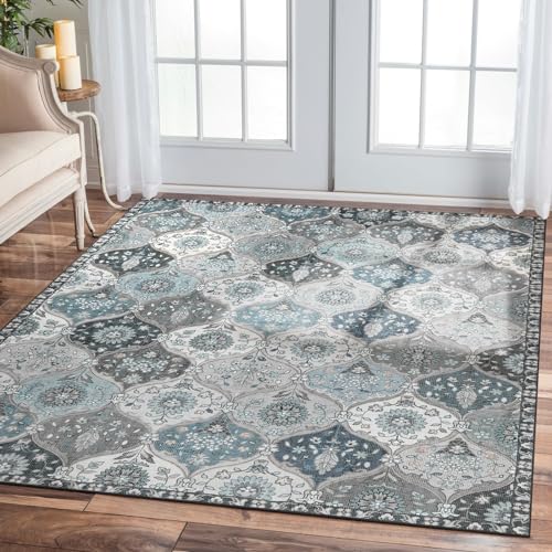 Lahome Moroccan Washable Area Rug 6x9, Large Soft Living Room Bedroom Rugs | Ultra-Thin Oriental Trellis Distressed Non Shedding Throw Carpet for Dining Room Office Elise, Blue - color: Dusty Blue Grey, size: 6' X 9' (Rectangular)