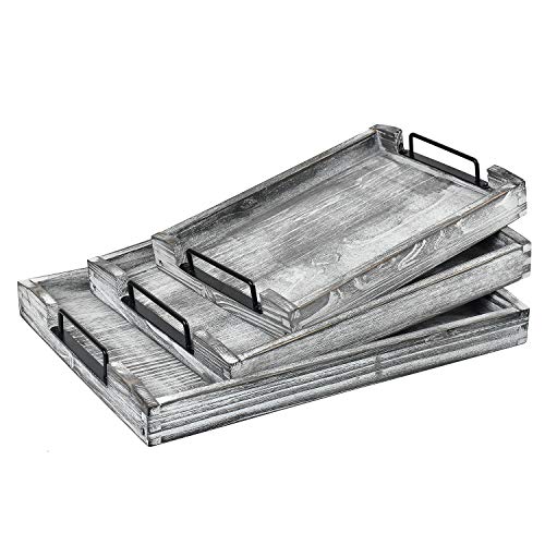 Country Rustic Torched Wood Nesting Breakfast Serving Trays with Handles, Set of 3 (White Grayish) - color: White Grayish