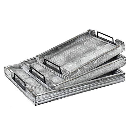Country Rustic Torched Wood Nesting Breakfast Serving Trays with Handles, Set of 3 (White Grayish) - color: White Grayish