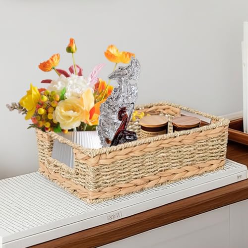 Water Hyacinth Storage Basket - Small Rustic Rectangle Woven basket Organizer with Handle for Home & Office Decor (Hyacinth&Seagrass) - style: Hyacinth&Seagrass