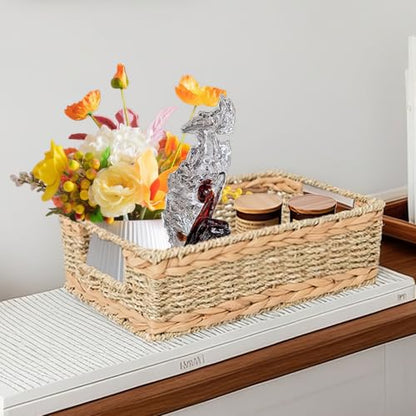 Water Hyacinth Storage Basket - Small Rustic Rectangle Woven basket Organizer with Handle for Home & Office Decor (Hyacinth&Seagrass) - style: Hyacinth&Seagrass