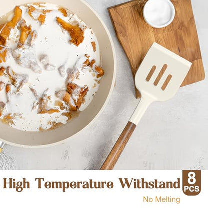 Non-Stick Silicone Kitchen Utensils Set with Natural Acacia Hard Wood Handle, Umite Chef 8 Pieces Kitchen Spatulas set, White, BPA Free, Baking, Serving and Cooking Utensils - color: White