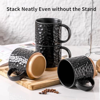 Nihow 16 Oz Ceramic Coffee Mug Set of 4 with Stackable Stand,Matte Black | Stackable, Stainless Stand Included, Cappuccino & Tea, Hot/Cold Drinks, Dishwasher & Microwave Safe - color: Matte Black, size: 16 oz With Stand