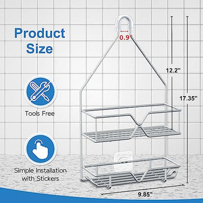 TreeLen Rustproof Shower Caddy, Hanging, Stainless Steel, 4 Hooks, 2 Shelves, Non-Slip - color: Silver