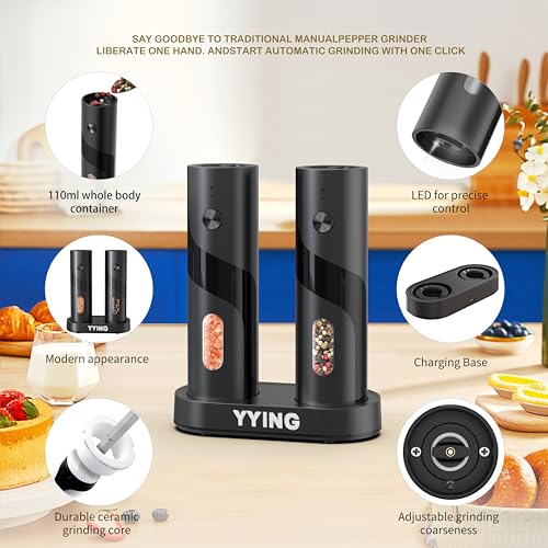 Electric Salt and Pepper Grinder Set Automatic Pepper Mill Grinder | Charging Base & LED Light, Adjustable Coarseness, Large Capacity, One-handed Operation, for Kitchen, Restaurant, Outdoor