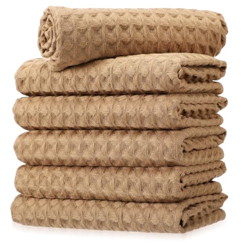 Flutesan 6 Pcs Waffle Weave Hand Towels for Bathroom, Tan | 100% Cotton Absorbent Hand Towel, Quick Dry Soft Dish Towel, Fall Thanksgiving Kitchen Farmhouse Decor, Boho Decorative Gift - color: Tan