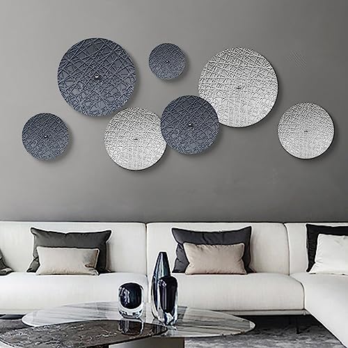 Silver and Gray Metal Wall Art Decor for Modern Living Room Hallway | 7PCS 3D DIY Art Plates,Different Sizes for Overlapping Effect,Hanging Sculpture for Apartment,Silver Home Decor,New Home Gift - color: Silver and Dark Gray