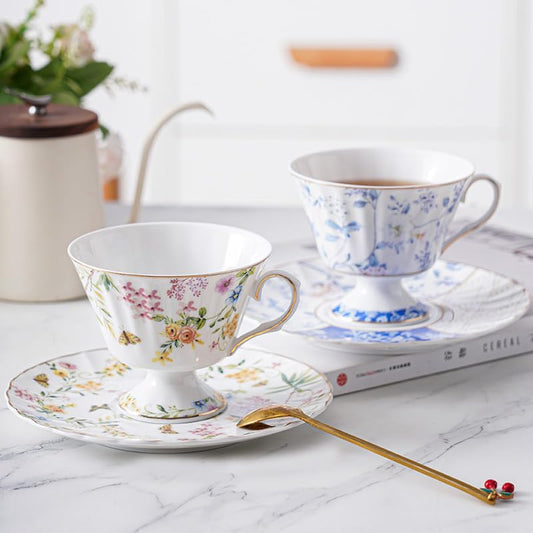 Ceramic Flower Coffee Cup and Saucer Set –Elegant Gold-Trimmed Tea Cup Gift Box, Lightweight Floral Tea Set for Afternoon Tea (Cup + Saucer Set,Small,Yellow flowers) - color: Yellow flowers