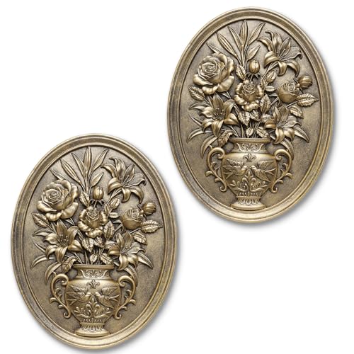 Vintage Flower Wall Sculpture 2 Pack ,Antique Wall Decor,Vintage Floral Wall Art, Hand Painted Wall Decoration with Embossed Flowers Design, Gold Wall Decor for Living Room Bedroom Dining Room, Housewarminng Gifts (Gold Flowers) - color: 2 Pcs Gold Flower