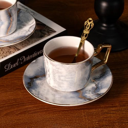 KAMMAK Tea Cups and Saucers Set of 2, Porcelain Coffee Cups, NX023 | Gold Rim, Stackable Espresso Mugs, Ceramic Demitasse for Coffee, Latte, Americano, Afternoon Tea, Elegant Gift for Women - size: 8CZNX023