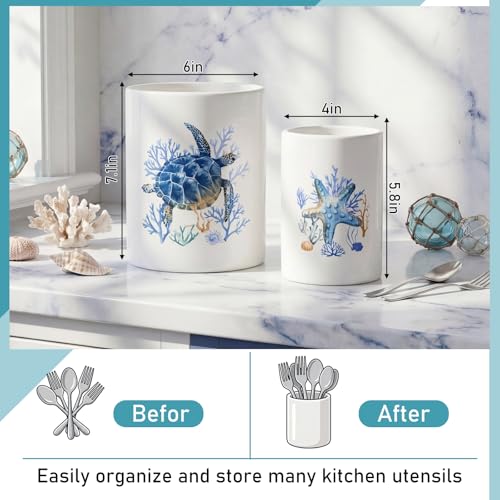 2 Pack Ceramic Utensil Holder 6.3" + 5.1" Ocean Theme Coastal Kitchen Crocks for Countertop Storage, Sea Turtle & Starfish Design, Decorative Utensil Organizer for Beach House Decor