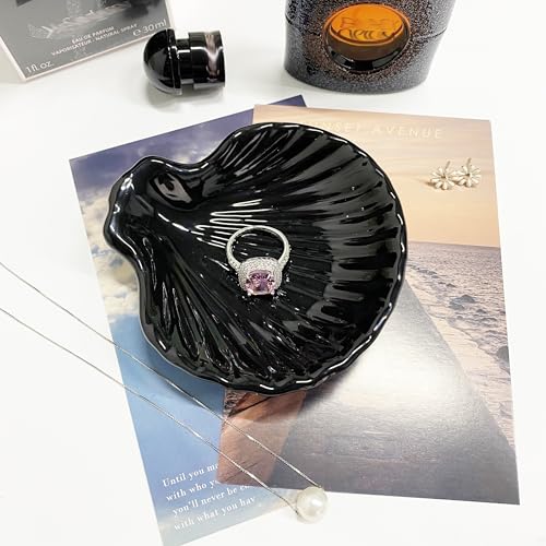 Shell Shape Ring Holder Dish, Seashell Jewelry Dish Tray, Ceramic Trinket Tray for Rings Earrings Necklaces Bracelet, Birthday Mother's Day Christmas Gift for Mom Friend Sister, 3.9", Black - color: Black