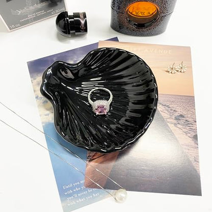 Shell Shape Ring Holder Dish, Seashell Jewelry Dish Tray, Ceramic Trinket Tray for Rings Earrings Necklaces Bracelet, Birthday Mother's Day Christmas Gift for Mom Friend Sister, 3.9", Black - color: Black