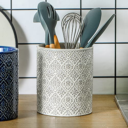 KOOV Kitchen Utensil Holder, Large Utensil Holders for Countertop, 6 x 7 Inches Ceramic Utensil Crock, Deep and Stable, Cooking Utensil Holder, Embossed Pattern, White - color: Reactive White