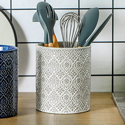 KOOV Kitchen Utensil Holder, Large Utensil Holders for Countertop, 6 x 7 Inches Ceramic Utensil Crock, Deep and Stable, Cooking Utensil Holder, Embossed Pattern, White - color: Reactive White