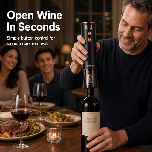 BLUBYEES 4-in-1 Electric Wine Opener Set – Rechargeable Automatic Corkscrew, Foil Cutter, Aerator & Vacuum Stopper, Wine Accessories Gift Set for Dad, Father’s Day Gifts for Men, Husband, Wine Lovers | Foil Cutter, Aerator Pourer, Vacuum Stopper, Automati