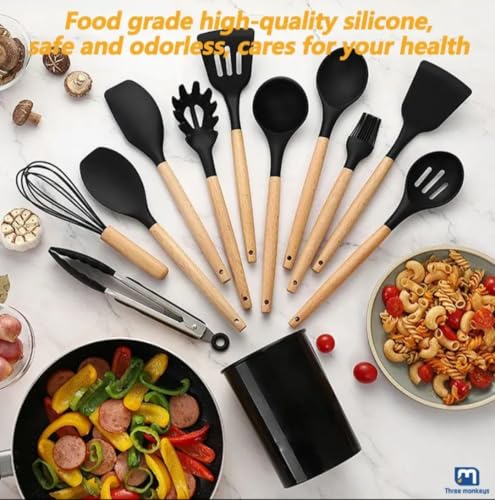 11 Piece Silicone Kitchen Utensil Set with Holder Heat Resistant Non Stick Cooking Tools with Wooden Handles Spatula Spoon Pasta Server Tongs Whisk Brush Black (Black) - color: Black