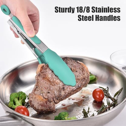 Doosu 7in Kitchen Tong for Cooking - 600°F Heat Resistant Food Tong with Non-Scratch Silicone Tips & 600°F Heat Resistant Silicone Spatula Set of 2 for Kitchen Cooking Baking Stirring (Aqua Sky)