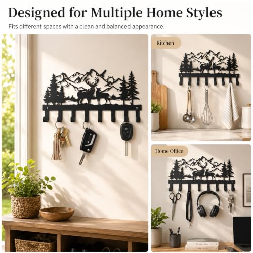 Deer Metal Key Holder for Wall, 14.5" X 8.9", Key Hooks for Wall Organizer, Key Rack, Forest Theme Coat Hat Towel Hooks, Ideal for Living Roo - size: Medium, style: Deer