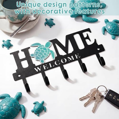 Key Holder Wall Mount Sea Turtle Metal Key Hooks Organizer Hanger Coat Rack with 5 Hooks Beach Nautical Welcome Home Wall Decor for Entryway Bathroom Hallway Living Room 9.8 Inch - style: Turtle