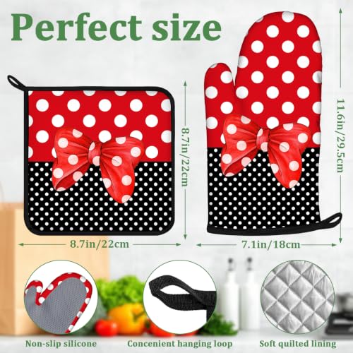 Red Black Polka Dot Bow Oven Mitts and Pot Holders Sets 4 Pcs Silicone Kitchen Gloves Heat Resistant Potholders for Baking Grilling BBQ - color: Polka Bow