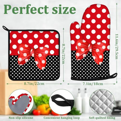 Red Black Polka Dot Bow Oven Mitts and Pot Holders Sets 4 Pcs Silicone Kitchen Gloves Heat Resistant Potholders for Baking Grilling BBQ - color: Polka Bow