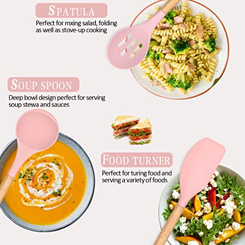 Umite Chef Silicone Kitchen Utensils Set, 33 Piece Non-Stick Kitchen Utensils with Stand, Wooden Handle, Pink - color: Pink