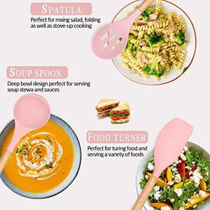 Umite Chef Silicone Kitchen Utensils Set, 33 Piece Non-Stick Kitchen Utensils with Stand, Wooden Handle, Pink - color: Pink