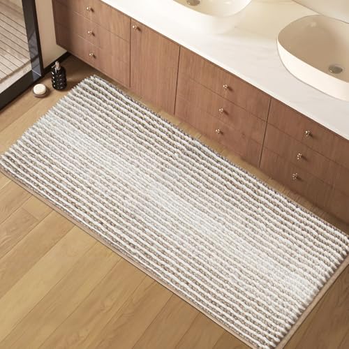 HDFK Bath Mat & Bathroom Rug - Extended Chenille Soft, Machine Washable Non-Slip Shower Carpet Absorbent with Hot Melt Adhesive Base, Slim Fit Striped for Bathtub Floors (47x20 Inch, Tan & White) - color: Tan and White, size: 20" x 47" (Rectangular)
