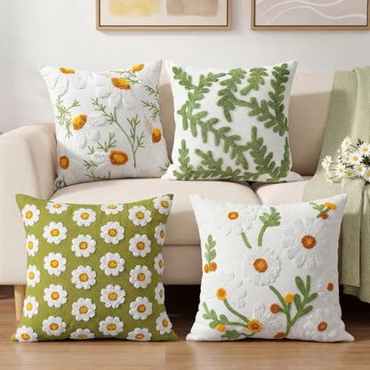 Fourluoo 4 Pcs Daisy Embroidered Throw Pillow Covers 18x18 Daisy Decorative Pillow Cover with Zipper Spring Floral Tufted Cushion Pillowcase for Bed Couch Sofa Living Room - style: Daisy