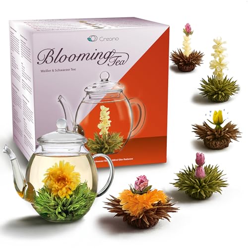 Creano Blooming Tea Gift Set with Glass Pot 17oz/500ml with 6 Flowering-Tea each 3pcs White & Black Tea