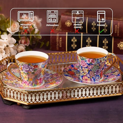 KAMMAK Tea Cup and Saucer, Ceramic Coffee Cups, 7.5 oz, Set of 2 | Porcelain Tea Cups with Saucers for Coffee and Cappuccino, Ideal for Breakfast, Afternoon Tea and Entertaining,637+638N - style: 637N+638N