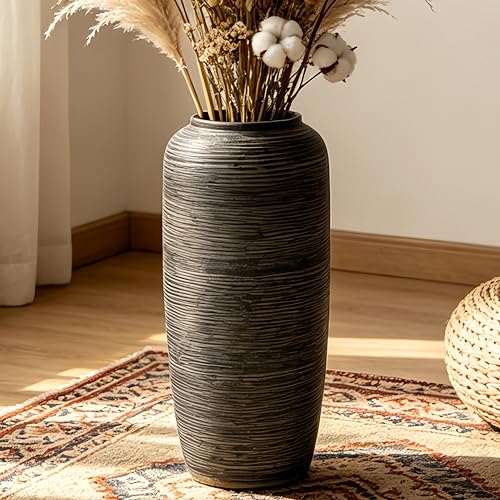Brown Rustic Ceramic Floor Vase, 15.7 Inch, Ribbed Texture | Living Room, Entryway, Fireplace, Pampas Grass, Dried Branches - size: 15.7 Inch