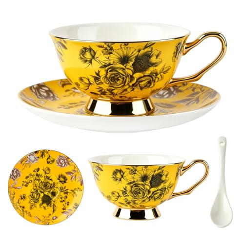 Elegant Floral Tea Cup and Saucer Set with Spoon | 7 oz - color: yellow01
