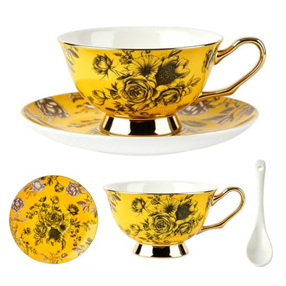 Elegant Floral Tea Cup and Saucer Set with Spoon | 7 oz - color: yellow01