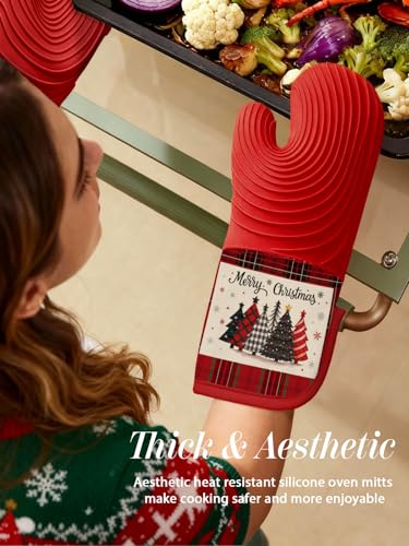 Slohif Long Silicone Oven Mitts Heat Resistant for Women - 2 Pcs Christmas Tree 100% Cotton Oven Gloves, Non-Slip and Waterproof Silicone Oven Mitts with Hanger for Baking and Cooking - color: Red