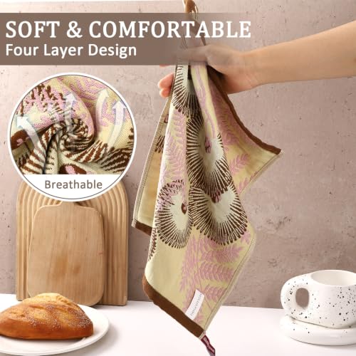 6 Pack Boho Floral Kitchen Dish Towels 100% Cotton Thick 4 Layer | Absorbent Cleaning Cloths Double Sided Quick Drying Reusable Hand Towels with Hanging Loop for Kitchen Drying