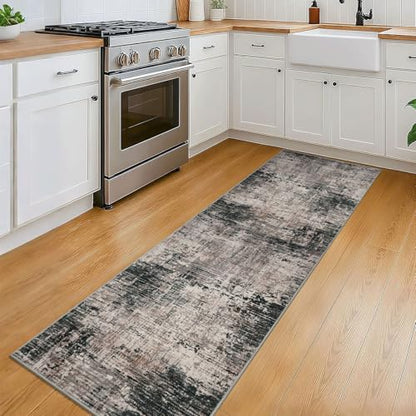 KILOCOCO Abstract Runner Rug 2x6 ft Washable Hallway Runner, Black/Brown | Machine Washable Kitchen Runner, Non Slip Entryway Runner, Printed Carpet Runners, Abstract Floor Runners, Soft Bedside Rug - color: Black/Brown, size: 2' x 6' (Runner)
