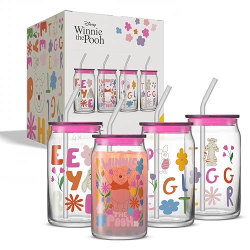 JoyJolt Disney Winnie the Pooh & Friends Flower Power Glass Tumblers with Lids and Straws, 16oz Glass Cups with Lids and Straws, Can Shaped Drinking Glasses Set of 4, Disney Gifts for Adults - style: Winnie the Pooh